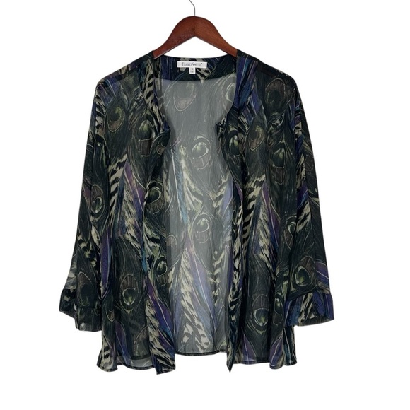 TRAVELSMITH Semi Sheer Open Front Peacock Feather Print Cardigan Women's Size 1X - Picture 7 of 16